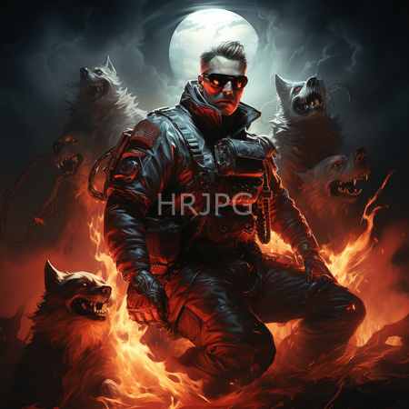 High Resolution: Muscular warrior stands confidently among snarling werewolves under full moon wearing armor and dark sunglasses at night download. | HRJPG.com