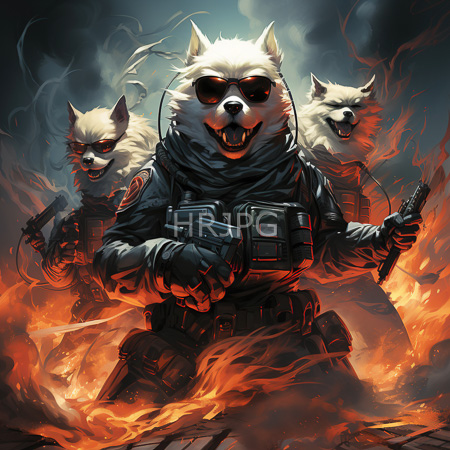 High Resolution: Three white wolves in tactical gear wield firearms amidst fire central one wears sunglasses with aggressive stance download. | HRJPG.com