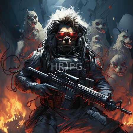 High Resolution: Futuristic warrior with red sunglasses and black gear holds assault rifle surrounded by shadowy snarling white wolves in flames download. | HRJPG.com