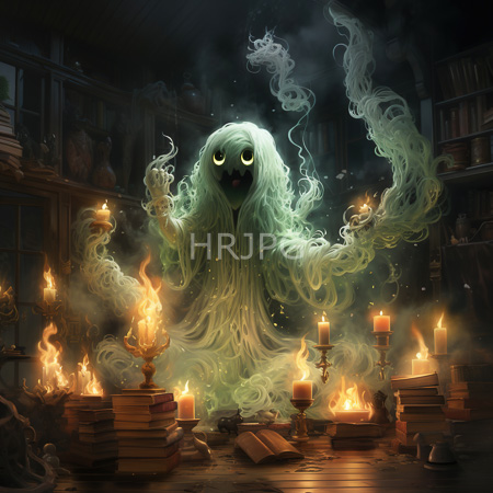 High Resolution: Ethereal green ghost with misty hair and yellow eyes stands in candlelit library surrounded by stacked ancient books download. | HRJPG.com