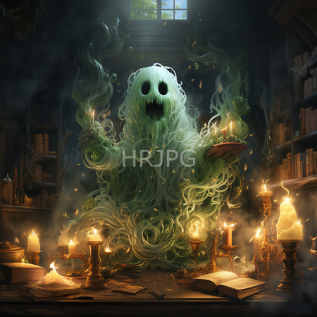 High Resolution: Green ghost with hollow eyes holds candle trays in dim library fog swirling around wooden shelves and tomes download. | HRJPG.com