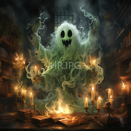 High Resolution: Eerie ghost with black eyes and sharp teeth emerges from green mist in candlelit library near dark window download. | HRJPG.com