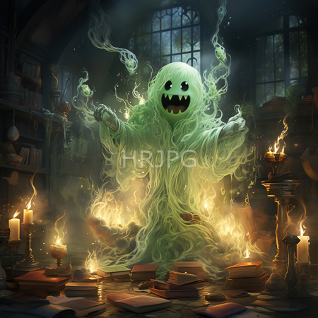 High Resolution: Green ghost with sharp teeth stands among scattered books in gothic library smoke curling around flaming shelves download. | HRJPG.com