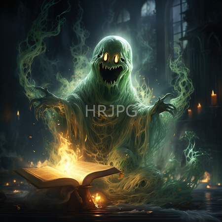 High Resolution: Green ghost with glowing eyes hovers over burning book in dim room smoke rising under arched dark background download. | HRJPG.com