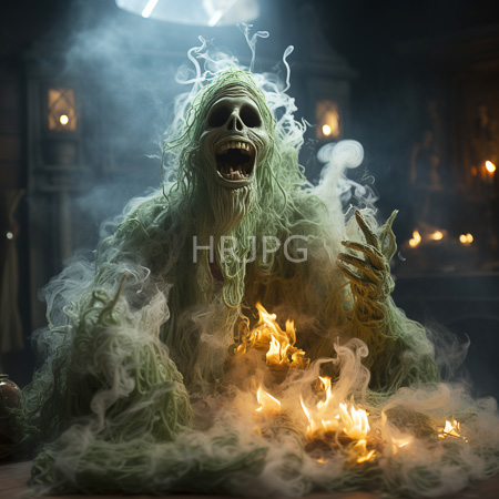 High Resolution: Green skinned skeletal creature laughs maniacally over flames holding hand above table in smoky candlelit chamber download. | HRJPG.com