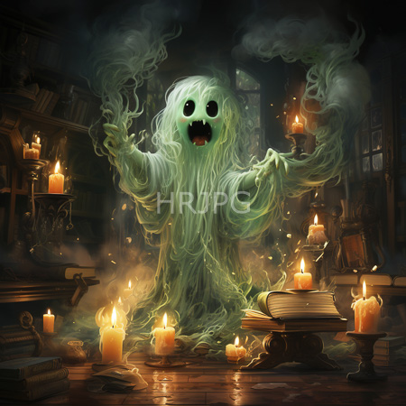 High Resolution: Translucent green ghost with large black eyes shows sharp teeth in misty library amid lit candles and books download. | HRJPG.com