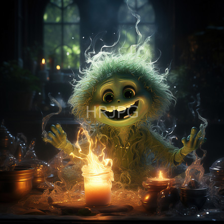 High Resolution: Green creature with wild hair grins at candle flame raising smoky hands in excitement in dim mysterious room download. | HRJPG.com