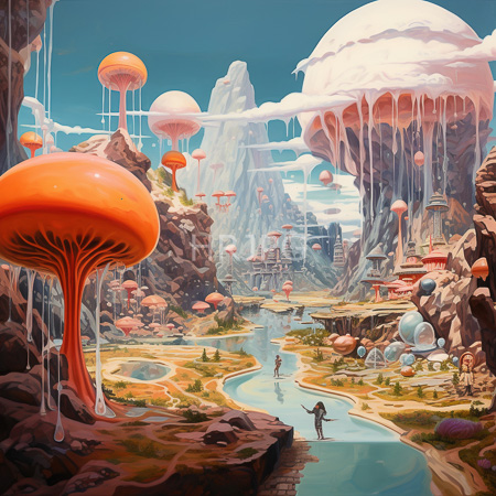 High Resolution: Otherworldly landscape with giant orange white mushrooms dripping fluid hot air balloons float above cliffs and winding rivers download. | HRJPG.com