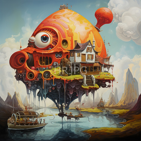 High Resolution: Orange fish shaped floating house with eyes and tentacles has wooden stairs and cottage below near calm waters download. | HRJPG.com