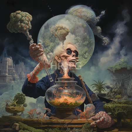 High Resolution: Skeletal figure with white hair wears goggles head in glass bubble containing miniature forest operates jar on table download. | HRJPG.com