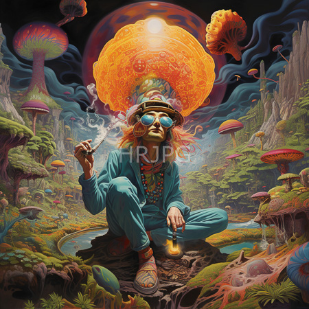 High Resolution: Eccentric beaded person sits before glowing mushrooms examining vial while smoking under orange orb in lush terrain download. | HRJPG.com