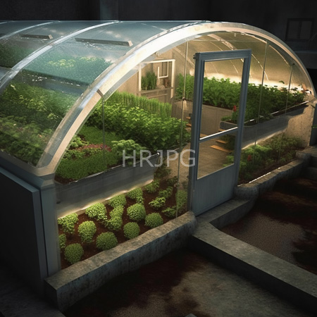 High Resolution: Modern greenhouse glows at night with curved glass panels metal frame and orderly green plants on concrete beds download. | HRJPG.com
