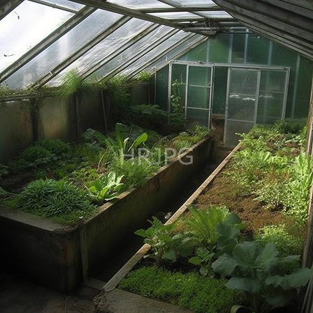 High Resolution: Aged greenhouse with green tinted panes houses lush leafy greens ferns and vegetables in raised garden beds download. | HRJPG.com