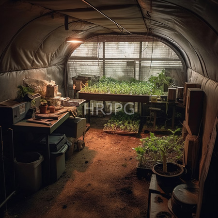 High Resolution: Dim greenhouse with arched fabric walls and mesh curtains filters soft light onto dirt floor and potted plants download. | HRJPG.com
