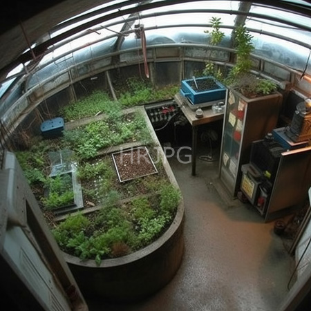 High Resolution: Indoor greenhouse with circular plant beds gardening tools and seedling trays arranged neatly on concrete floor download. | HRJPG.com