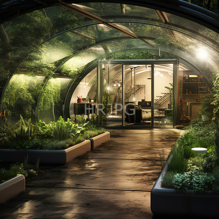 High Resolution: Futuristic greenhouse with curved glass encloses modern office beside lush raised garden beds and ground lighting download. | HRJPG.com