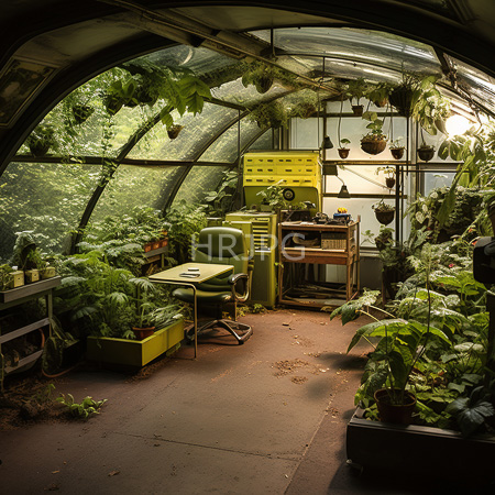 High Resolution: Overgrown vintage greenhouse filled with lush plants yellow file cabinets and wooden shelves holding herbs beside worn olive green chair on reddish floor download. | HRJPG.com