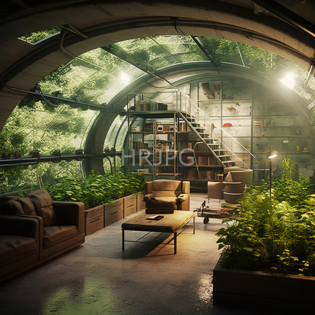 High Resolution: Indoor greenhouse living room with curved glass walls brown sofas beige armchairs concrete floor and metal staircase surrounded by thriving greenery in sunlight download. | HRJPG.com