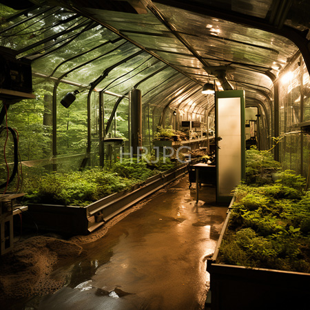 High Resolution: Illuminated glass greenhouse with raised wooden planters wet reflective floor and dense forest visible through transparent walls under overhead lighting download. | HRJPG.com