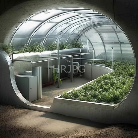 High Resolution: Circular futuristic greenhouse with arched glass panels concrete walls lush raised beds metal pipes and gray storage units viewed through round opening download. | HRJPG.com