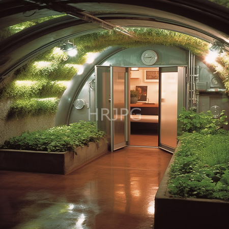 High Resolution: Futuristic greenhouse corridor with moss covered metallic arches shiny brown tile floor leading to warmly lit interior with wooden furniture download. | HRJPG.com