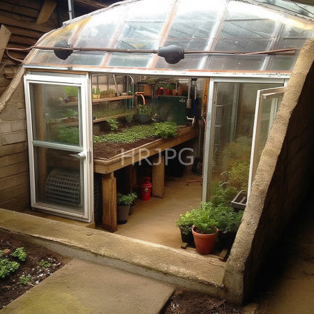 High Resolution: Attached greenhouse with wooden frames open doors reveals potted plants on soil trays inside small pots line floor larger ones outside download. | HRJPG.com