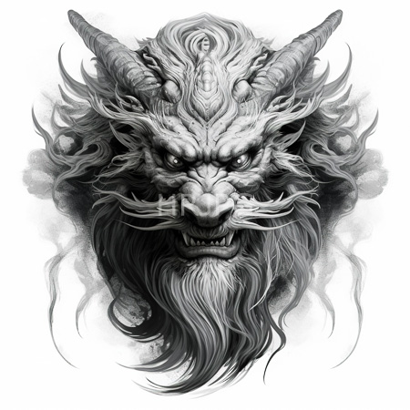 High Resolution: Intense demon face with sharp horns fierce expression flowing hair whiskers bared fangs and deep dark shading on white background download. | HRJPG.com