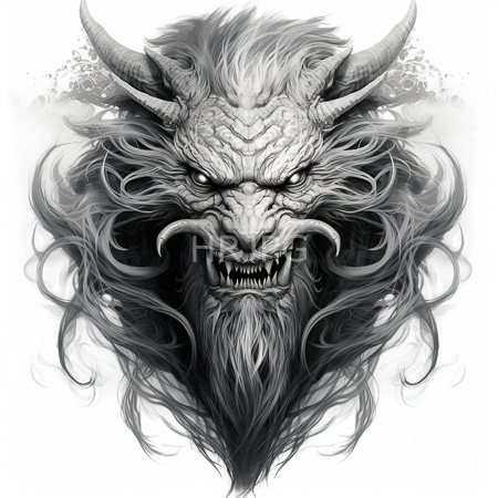 High Resolution: Menacing demon head with horns piercing eyes mane beard fangs scaled forehead and wispy smoke effects in monochrome style download. | HRJPG.com