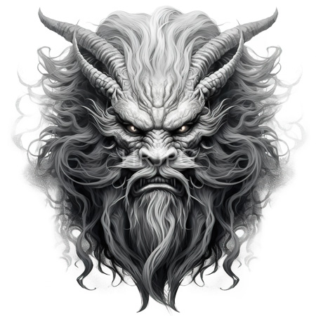 High Resolution: Monochromatic demon face with sharp horns piercing eyes flowing hair thick beard and wrinkled textured skin against plain white download. | HRJPG.com