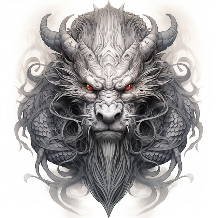 High Resolution: Intricate dragon like face with gray scales flowing fur like hair sharp red eyes and prominent curved horns on white backdrop download. | HRJPG.com