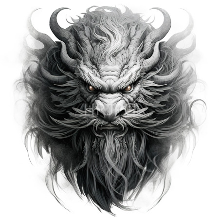 High Resolution: Intimidating mythical creature head with horns intense red eyes leather like texture and dramatically flowing gray mane on white download. | HRJPG.com