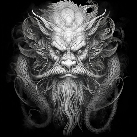 High Resolution: Fierce dragon headed old man with horns deep eyes thick whiskers long beard and textured scales rendered in grayscale on black download. | HRJPG.com