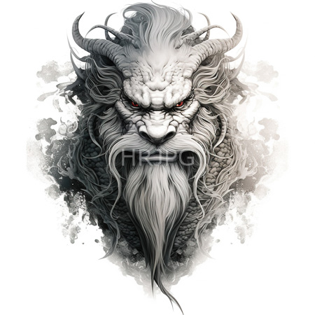High Resolution: Mythical dragon creature with intricate scales flowing white hair upward curving horns piercing red eyes and human like wrinkled skin download. | HRJPG.com