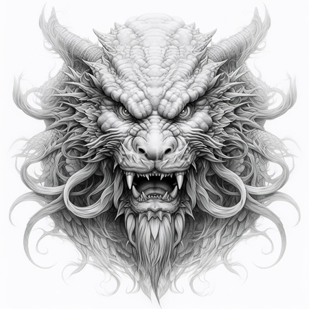 High Resolution: Fierce dragon head in grayscale with textured forehead scales sharp fangs open jaws and long curling mane detailed monochrome download. | HRJPG.com