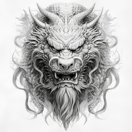 High Resolution: Angry mythical dragon head with intricate scales fur textures sharp horns glowing eyes bared fangs and dramatic flowing mane download. | HRJPG.com
