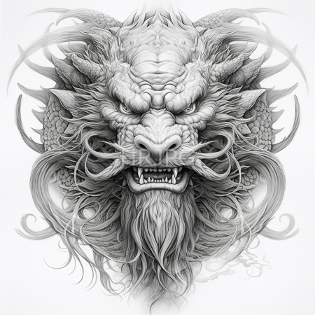 High Resolution: Angry dragon head in traditional East Asian style with scales fur whiskers sharp fangs and swirling hair patterns on white download. | HRJPG.com