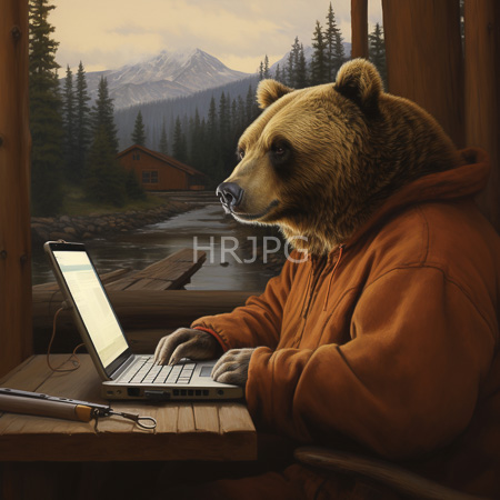 High Resolution: Anthropomorphic bear in orange hoodie types on laptop by cabin window overlooking snowy mountains and evergreen forest download. | HRJPG.com