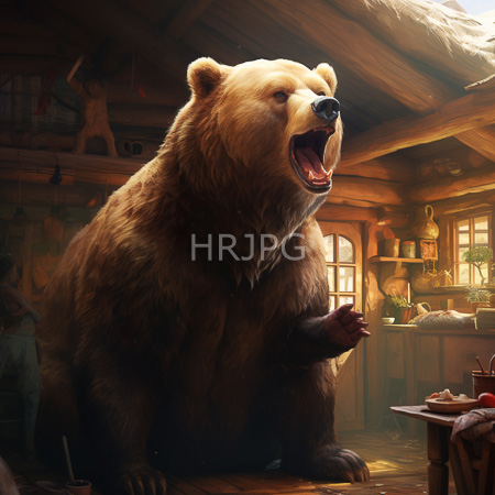 High Resolution: Enormous realistic brown bear sits in sunlit rustic wooden cabin with arched windows shelves jars antlers and food on table download. | HRJPG.com