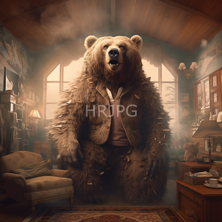 High Resolution: Anthropomorphic bear in tattered jacket stands in dim rustic room with wooden beams visible claws and slightly open mouth download. | HRJPG.com