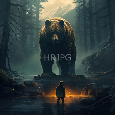 High Resolution: Towering bear stands on rocky platform in misty forest as lone warmly dressed figure faces it lit by orange water reflections download. | HRJPG.com