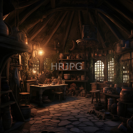 High Resolution: Dim wooden cottage kitchen with cobwebbed beams stone tiles warm sunlight through arched windows shelves of clay pots and herbs download. | HRJPG.com
