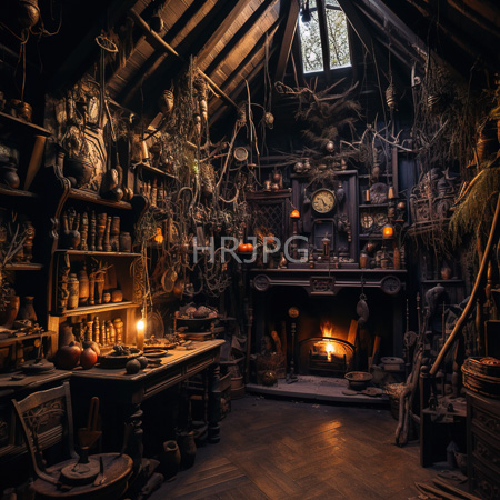 High Resolution: Intricately detailed dim wooden cottage room with medieval charm cluttered shelves pottery dried herbs and warm fireplace glow download. | HRJPG.com