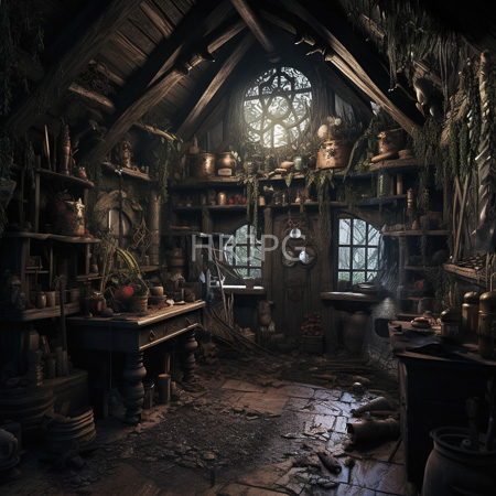 High Resolution: Ancient moss covered wooden cottage interior with steep beams stone floor shelves of red patterned jars and kitchen utensils download. | HRJPG.com