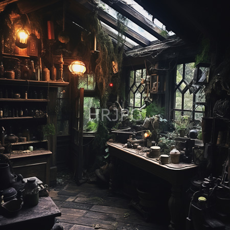 High Resolution: Atmospheric wooden workshop with mossy walls warm lanterns shelves of clay pots and cluttered bench with pottery tools download. | HRJPG.com