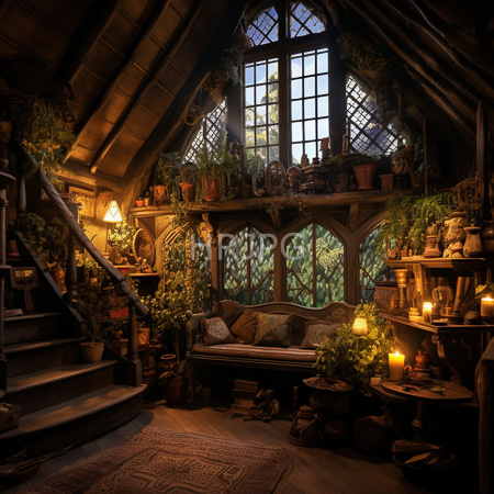 High Resolution: Enchanting dim attic room with arched windows lush shelves cozy bench candles staircase and potted plants in warm glow download. | HRJPG.com