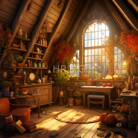 High Resolution: Sunlit wooden attic with steep ceilings arched window autumn view shelves of books plants orange armchair and rustic table download. | HRJPG.com
