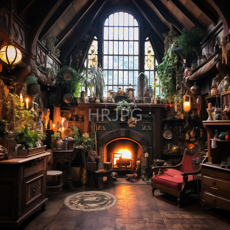 High Resolution: Ornate rustic wooden room with vaulted ceilings soft light from arched window glowing fireplace potted mantle plants and red armchair download. | HRJPG.com