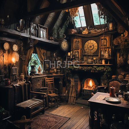 High Resolution: Intricately decorated rustic wooden attic with dim warm lighting vintage clocks above fireplace greenery and antique furniture surrounding burning firewood download. | HRJPG.com