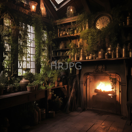 High Resolution: Enchanting dim rustic kitchen with wooden beams lush vines over windows roaring fireplace and vintage clock showing early morning time download. | HRJPG.com