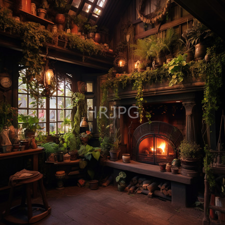 High Resolution: Rustic greenhouse style room with abundant greenery potted plants on shelves brick fireplace orange glow and hanging vines under lantern light download. | HRJPG.com